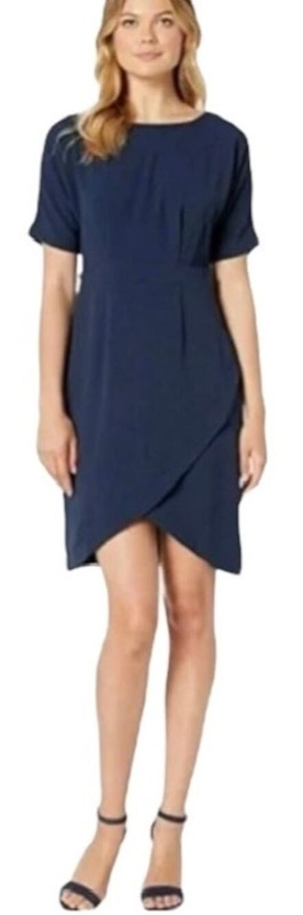 Bobeau Women's Navy Crepe Fabric Dolman Sleeve Tulip Hem Dress Unlined | Size L